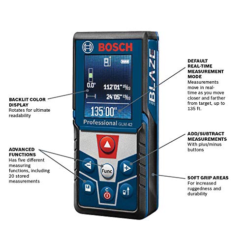 Bosch GLM 42 BLAZE - Medidor láser de mano de una posición con retroiluminación a todo color (embalaje no al por menor)