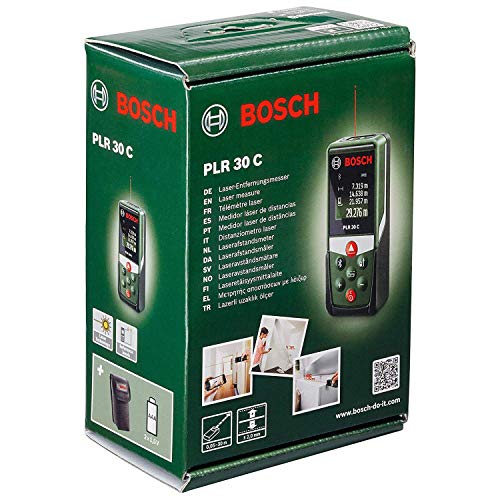 Bosch Home and Garden PLR C Medidor láser con función de aplicación, rango de medición: 0,05–30 m, precisión: ± 2 mm, en caja, 3 W, 3 V, Verde, Hasta 30m