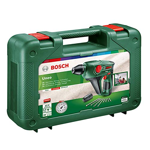 Bosch Martillo perforador a batería Uneo (12 V, 1 batería, cargador, Portabrocas adicional para brocas cilíndricas, Power for all, Sistema SDS, Cargador, 4 puntas, Maletín, 2,5 Ah)