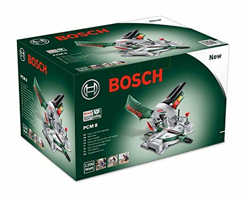 Bosch PCM 8 - Ingletadora en caja de cartón (Pinza, disco de sierra Optiline Wood, saco para polvo, 1.200 W)