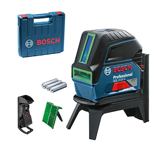 Bosch Professional 0601066J00 GCL 2-15 G Nivel Verde, Puntos de plomada, Alcance: 15 m, 3 Pilas, Soporte Giratorio RM 1, Placa reflectora de Medida del láser, maletín, 1.5 V