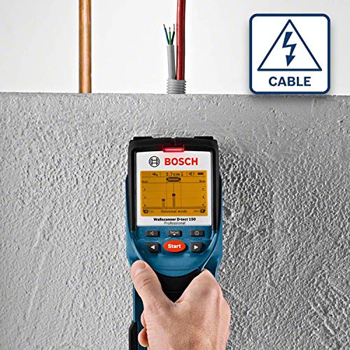 Bosch Professional Detector de pared D-tect 150 (máx. profundidad de detección madera/cables con tensión/tubos de plástico/metal: 40/60/80/150 mm, 4 pilas AA, con funda, en caja)