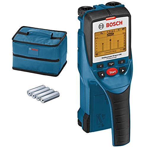 Bosch Professional Detector de pared D-tect 150 (máx. profundidad de detección madera/cables con tensión/tubos de plástico/metal: 40/60/80/150 mm, 4 pilas AA, con funda, en caja)