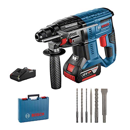 Bosch Professional GBH 18V-20 Martillo perforador, 1 batería x 4,0 Ah, 1,7 J, set de 6 accesorios, 18 V, en maletín, Edición Amazon, Multicolor