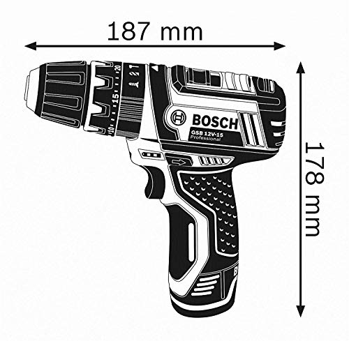 Bosch Professional GSB 12V-15 System percutor Madera de Ø máx 19 mm, Incl. 2 x 2.0 Ah batería + Cargador, 3X Juego de Taladro, en Bolsa, Amazon Edición, 36 W, 12 V, Azul