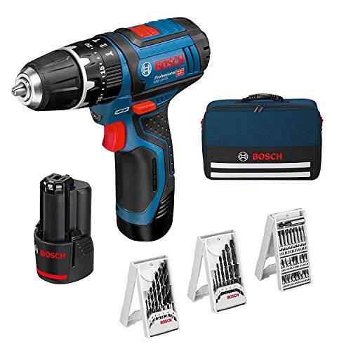 Bosch Professional GSB 12V-15 System percutor Madera de Ø máx 19 mm, Incl. 2 x 2.0 Ah batería + Cargador, 3X Juego de Taladro, en Bolsa, Amazon Edición, 36 W, 12 V, Azul