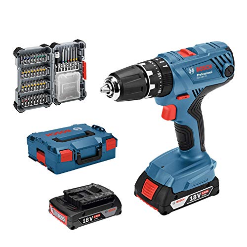 Bosch Professional GSB 18V-21 System Taladro percutor, Incl batería de 2 x 2.0 Ah, Juego de Accesorios de 40 Piezas, en L-BOXX 136, Amazon Edición, 36 W, 18 V, Azul