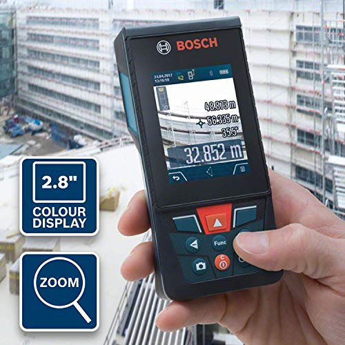 Bosch Professional Medidor láser de distancia GLM 120 C (cámara integrada, transmisión de datos Bluetooth, máx. distancia:120 m, cable micro USB, cargador, correa de transporte, funda, trípode BT 150)