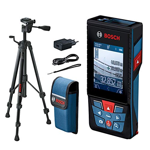 Bosch Professional Medidor láser de distancia GLM 120 C (cámara integrada, transmisión de datos Bluetooth, máx. distancia:120 m, cable micro USB, cargador, correa de transporte, funda, trípode BT 150)