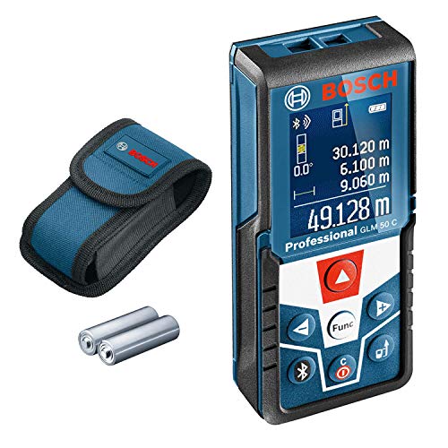 Bosch Professional Medidor láser de distancia GLM 50 C (transmisión de datos Bluetooth, sensor de inclinación de 360°, máx. distancia: 50 m, 2 pilas de 1,5 V, funda)