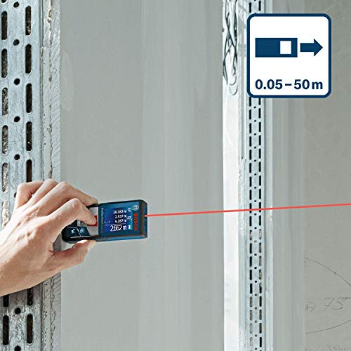 Bosch Professional Medidor láser de distancia GLM 500 (alcance 0,05-50 m, inclinómetro 0 – 360°, precisión de medición: +/- 1,5 mm, 2 baterías AAA, en caja)