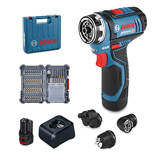 Bosch Professional System Atornillador GSR 12V-15 FC, Incluye batería de 1x2.0 Ah, Cargador rápido, 3X portabrocas, 40 pcs. Juego de Accesorios, en maletín, Amazon Edición, 12 V, Multicolor