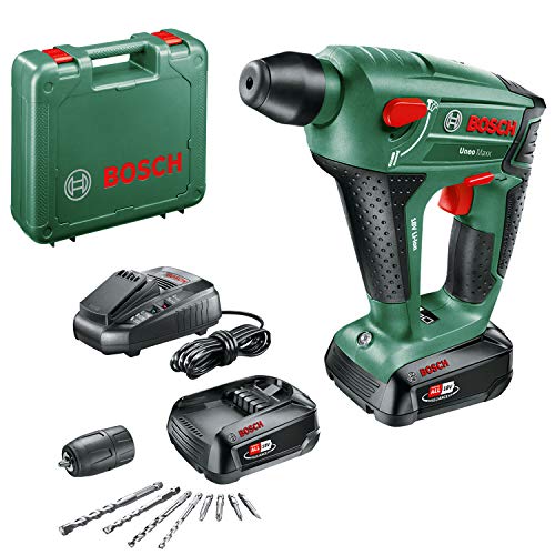 Bosch UneoMaxx - Martillo perforador a batería (2 baterías 18V, cargador, adaptador de vástago redondo, 2 brocas para hormigón SDS-Quick, 2 brocas universales, 4 láminas Bit, maletín)