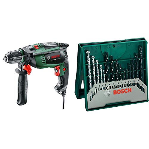 Bosch Universal Impact 800 - Taladro percutor, 800 W, empuñadura adicional, tope de profundidad, maletín (ref. 0603131100) & Mini X-Line - Set de 15 brocas mixto: mini x-line (ref. 2607019675)