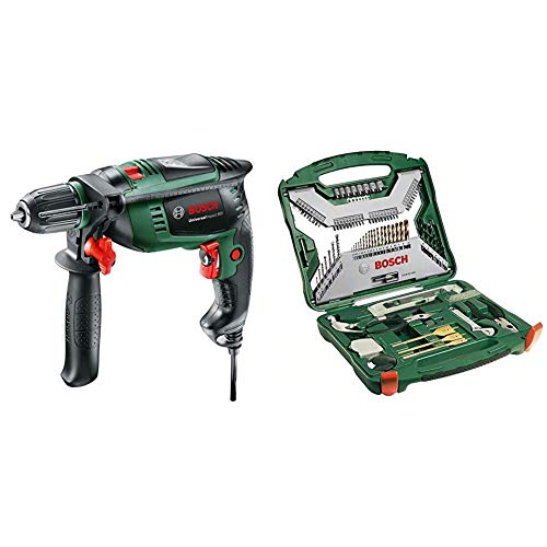 Bosch Universal Impact 800 - Taladro percutor, 800 W, empuñadura adicional, tope de profundidad, maletín (ref. 0603131100) & X-Line Titanio - Maletín de 103 unidades para taladrar y atornillar