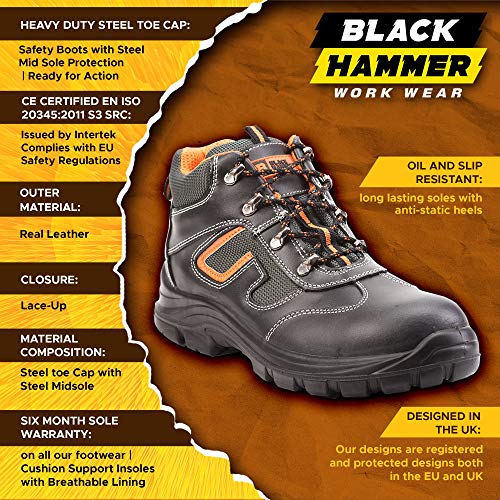 Botas de Seguridad de Cuero para Hombres Botas de Seguridad para hombresPuntera de Acero S3 SRC Calzado de Trabajo al Tobillo de Cuero 6652 Black Hammer (46 EU)