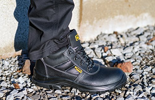 Botas de Seguridad de Cuero para Hombres Puntera de Acero Protección de Entresuela Resistente al Agua Impermeable S3 SRC Calzado de Trabajo al Tobillo de Cuero 1007 Black Hammer (44 EU)