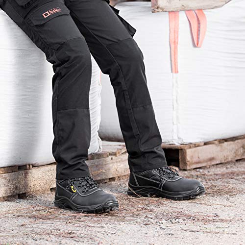 Botas de Seguridad de Cuero para Hombres Puntera de Acero Protección de Entresuela Resistente al Agua Impermeable S3 SRC Calzado de Trabajo al Tobillo de Cuero 1007 Black Hammer (44 EU)