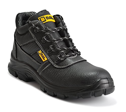 Botas de Seguridad de Cuero para Hombres Puntera de Acero Protección de Entresuela Resistente al Agua Impermeable S3 SRC Calzado de Trabajo al Tobillo de Cuero 1007 Black Hammer (44 EU)