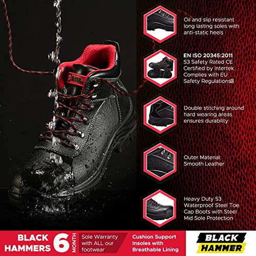 Botas de Seguridad y Trabajo Impermeables A Base de Cuero con Puntera de Acero S3 SRC y Acabado de Ante en los Tobillos Black Hammer 7777 Black Hammer (43 EU)