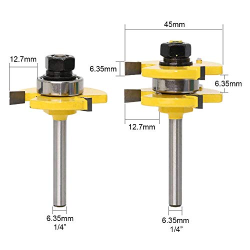 Broca de Fresadora, APlus 2x brocas de lengüeta y ranura + 1x broca de inglete a 45º, 3 Pcs fresas para Madera, Muebles de Bricolaje (1/4'' 6,35mm)