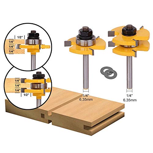 Broca de Fresadora, APlus 2x brocas de lengüeta y ranura + 1x broca de inglete a 45º, 3 Pcs fresas para Madera, Muebles de Bricolaje (1/4'' 6,35mm)