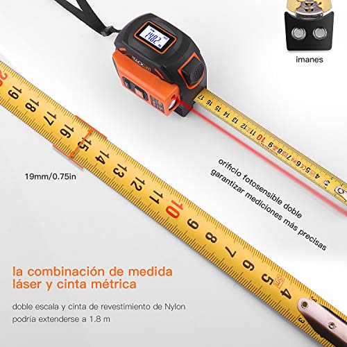 Cinta Métrica Láser，TACKLIFE-TM-L01-2 En 1 Combinación de Cinta Métrica (5m x 19mm) y Metro Láser (40m), Medición continua, Alta Precisión de ±2mm, Kit de Medición, Pilas, Destornillador incluidos