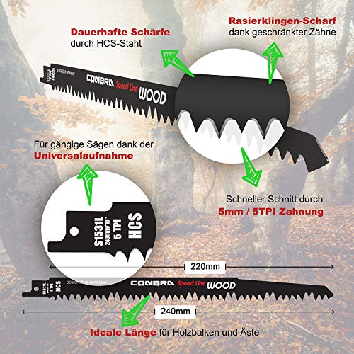 CONBRA ® Hoja de sierra recíproca para madera – 240 mm de largo – perfecto para cortes rápidos y rectos – apto para Bosch, Dewalt, Makita & Black y Decker Sawer Saws – 5 piezas hoja de sierra de sable