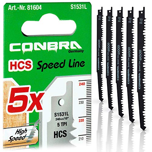 CONBRA ® Hoja de sierra recíproca para madera – 240 mm de largo – perfecto para cortes rápidos y rectos – apto para Bosch, Dewalt, Makita & Black y Decker Sawer Saws – 5 piezas hoja de sierra de sable