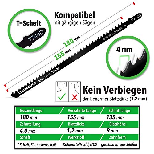 CONBRA ® Hojas de sierra de calar para madera - 180 mm Extra Larga - Ideal para Corte Aspero y Rápido - Compatibles con Makita, Bosch, Metabo - Alta Calidad - 5 piezas - T744D