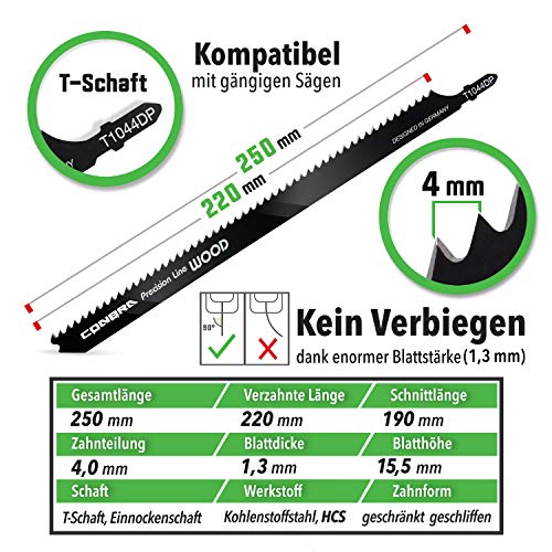 CONBRA ® Hojas de Sierra de Calar para Madera - 250 mm Extra Larga - Ideal para Corte Aspero y Rápido - Compatibles con Makita, Bosch, Metabo - Alta Calidad - 3 piezas - T1044DP