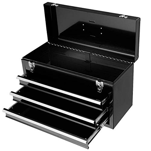 COSTWAY Caja de Herramientas Almacenamiento Metálica Portátil 3 Cajones + Bandeja 52x21,5x30cm (Negro)