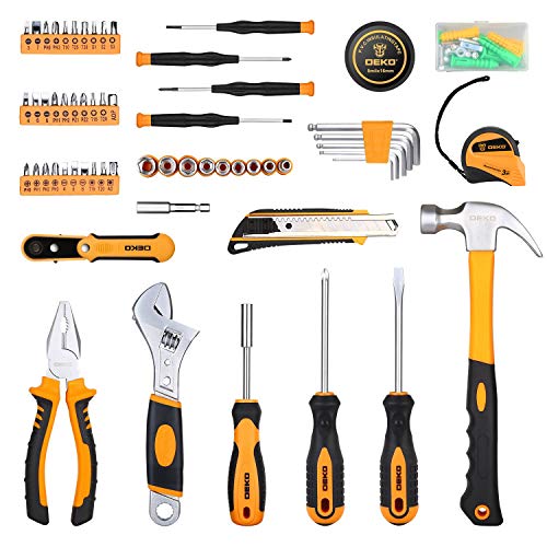 DEKO Juego de herramientas para reparaciones en el hogar de 100 piezas, kit de herramientas de mano para el hogar en general con almacenamiento de cajas de herramientas de plástico