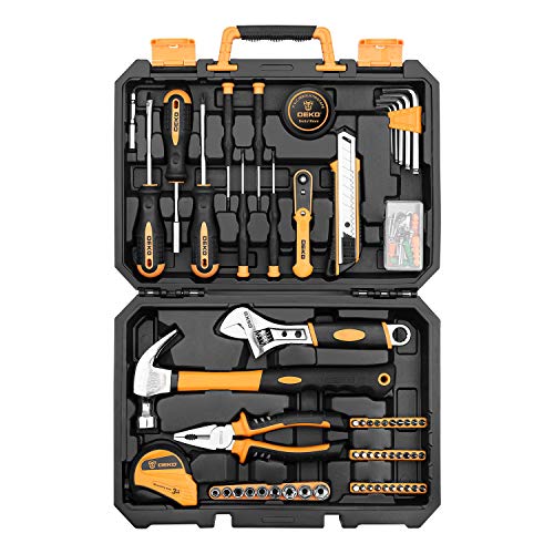 DEKO Juego de herramientas para reparaciones en el hogar de 100 piezas, kit de herramientas de mano para el hogar en general con almacenamiento de cajas de herramientas de plástico