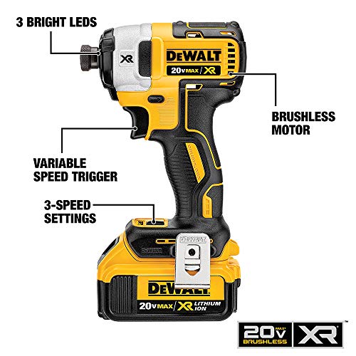 DEWALT 20 V MAX XR Kit de destornilladores de impacto, sin escobillas, 3 velocidades, 1/4 pulgadas, 4.0 Ah (DCF887M2)