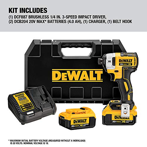 DEWALT 20 V MAX XR Kit de destornilladores de impacto, sin escobillas, 3 velocidades, 1/4 pulgadas, 4.0 Ah (DCF887M2)