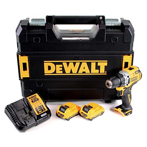 DEWALT DCD701D2-QW DCD701D2-QW-Taladro Atornillador sin escobillas XR 12V 10mm 57,5Nm con 2 baterías Li-Ion 2Ah y maletín TSTAK, 12 V, Negro Y Amarillo