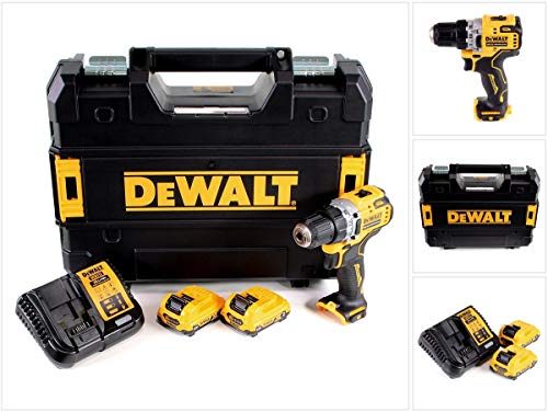 DEWALT DCD701D2-QW DCD701D2-QW-Taladro Atornillador sin escobillas XR 12V 10mm 57,5Nm con 2 baterías Li-Ion 2Ah y maletín TSTAK, 12 V, Negro Y Amarillo