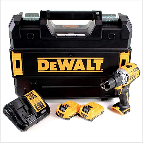 DeWalt DCD706D2-QW DCD706D2-QW-Taladro Percutor sin escobillas XR 12V 10mm 57,5Nm con 2 baterías Li-Ion 2Ah y maletín TSTAK, Schwarz/Gelb