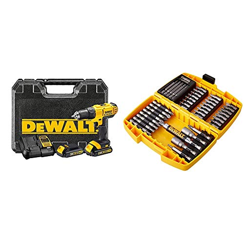 DeWalt DCD771C2-QW Taladro Atornillador XR 18V 13 mm 42Nm con 2 baterías Li-Ion 1, 0 W, 18 V, Negro y amarillo + DeWalt DT71572-QZ - Juego de accesorios de herramientas eléctricas