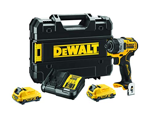 DEWALT DCF601D2-QW DCF601D2-QW-Atornillador sin escobillas XR 12V 1/4" con 2 baterías Li-Ion 2Ah y maletín TSTAK, Schwarz/Gelb