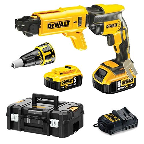 Dewalt DCF620P2K-QW DCF620P2K-QW-Atornillador Panel Yeso sin escobillas XR 18V con 2 baterías Li-Ion 5Ah + Cargador rápido de Tornillos y maletín TSTAK, 18 W, 18 V