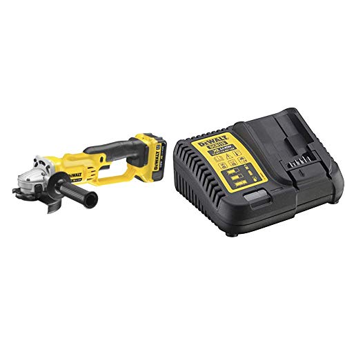 DeWalt DCG412M2-QW Mini-Amoladora XR 18V 125 mm con 2 baterías Li-Ion 4, 9 W, 18 V, Gris y negro + DEWALT DCB115-QW - Cargador XR para baterias de 10,8V - 14,4V - 18V carril Li-Ion