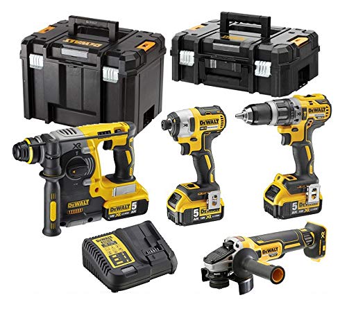 DeWalt DCK422P3T-QW DCK422P3T-QW-KIT XR 18V = DCD796 Taladro Percutor + DCF887 Atornillador Impacto + DCG405 Amoladora + DCH273 Martillo + 3 Baterías Li-Ion 5,0Ah II + TSTAK Vi, 18 V