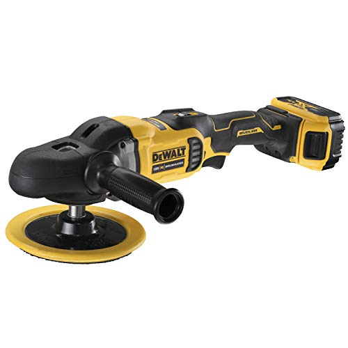 DEWALT DCM849P2-QW DCM849P2-QW-Pulidora para Metal sin escobillas XR 18V 180mm Rotativa con 2 baterías Li-Ion 5Ah con maletín TSTAK II, 90 W, 18 V, Amarillo