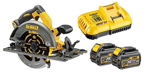 DeWalt DCS576T2-QW DCS576T2-QW-Sierra Circular brushless XR FLEXVOLT 2 baterías 54V/18V Li-Ion 6Ah Ø190mm y 61mm Prof. con Base Carril y maletín, 108 W, 52 V