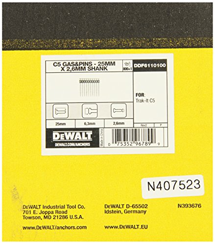 DEWALT DDF6110100 - Clavos 25 mm x 2,6 mm para fijación a gas C5 Track-It Nails + Carga de Gas (Env. 800 Ud.)