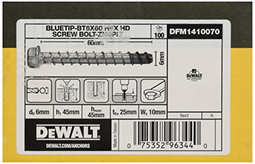 DEWALT DFM1410070 - Anclaje tipo tornillo de punta azul con cabeza hexagonal BT6x60 Screw Bolt-ZncPlt (Env. 100 Ud.)