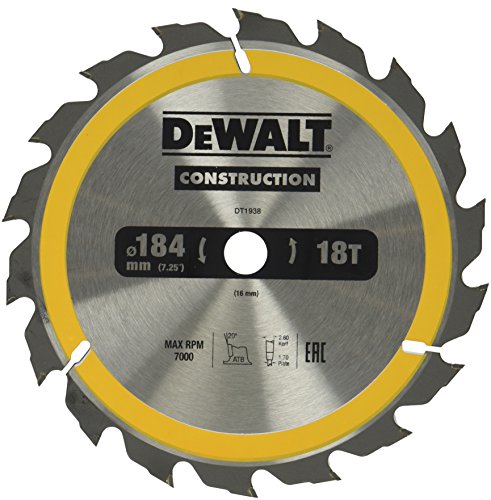 Dewalt DT1938-QZ DT1938-QZ-Hoja para sierra circular portátil para construcción 184x16mm 18D ATB +20º, 0 W, 0 V, Amarillo, 184 x 16 mm, Set de 6 Piezas