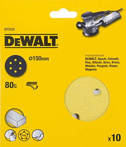 Dewalt DT3123-QZ DT3123-QZ-Discos de lija de 150mm y grano 80, con velcro de acoplamiento rápido y 6 orificos perforados, 0 W, 0 V